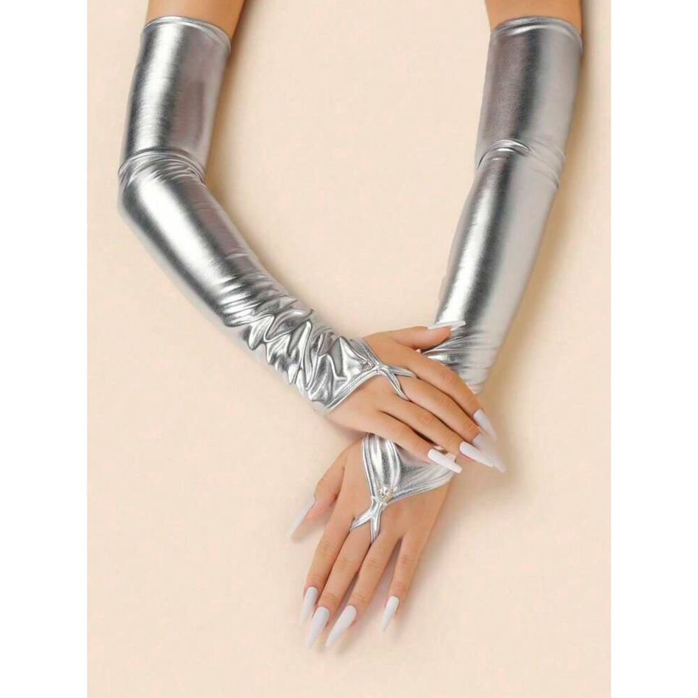 Silver Metallic Long Fingerless Gloves – Wet Look PU Leather Arm Warmers